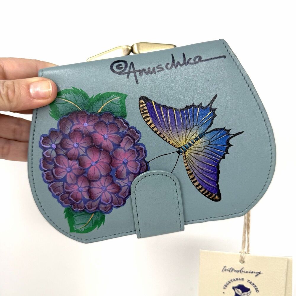 Anuschka  PRETTY GARDEN  Painted Leather Trifold Wallet RFID Protect BUTTERFLY
